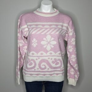 ✨3/$15 Vintage Alicia white pink abstract floral sweater M